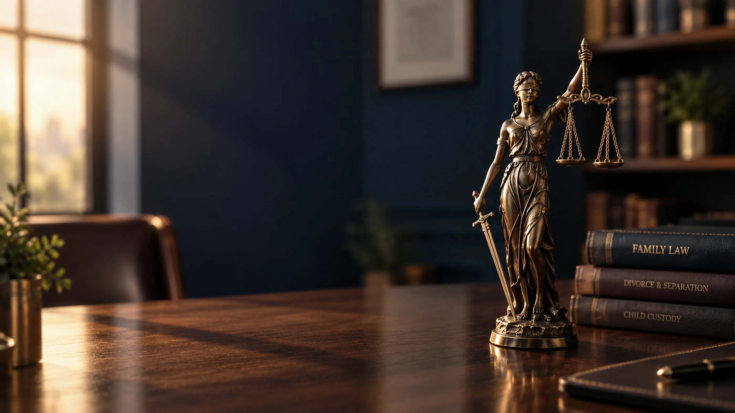 A small bronze figure of Lady Justice, blindfolded and holding scales and a sword, on a polished wooden desk beside law books, in a dim navy office.